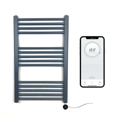 Image of Greened House Anthracite Electric Smart WiFi Controlled Heated Towel Rail 500mm W x 800mm H Flat 7 Day Programmable Timer App Compatibility