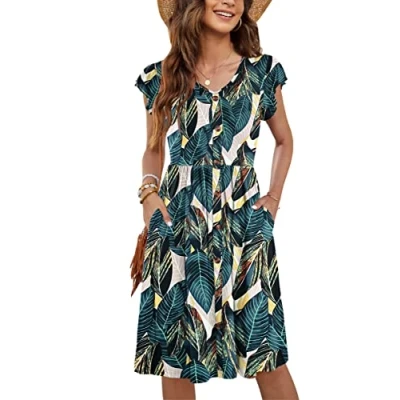 Image of MOLERANI Women Summer Dresses Ruffle Sleeve V Neck Casual Swing Elastic Waist Midi Dress with Pockets Deep Leaf Print S