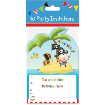 Image of Pirate Birthday Party Pack , bunting Banners Napkins Invitations Hats plates and Table cover . (10 Part Invites)