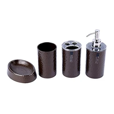 Image of London Boutique 4 Pieces Bathroom Accessory Set Soap Dispenser Toothbrush Holder Tumbler Dish White Black Brown (Brown)