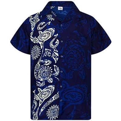 Image of King Kameha Classic Modern Hawaiian Shirt for Men Front Pocket Casual Aloha Shirts, Maori Wedding, Blue, 5XL