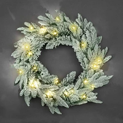 Image of SHATCHI 55cm Pre Lit Christmas Wreath Lapland Fir for Fireplaces Home Wall Door Stair Snow Flock Artificial Xmas Tree Garden Yard Decorations with 30 Warm White LEDs