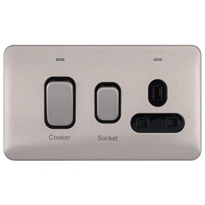 Image of Schneider Electric Lisse Screwless Deco Switched Cooker Control Unit with Single Power Socket, Double Pole, Neon Indicator, 45A, GGBL4001BSS, Stainless Steel Black Insert