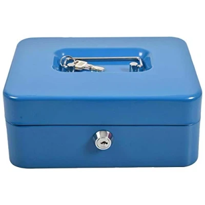 Image of HOCHSTE Cash Box Petty Money Safe Deposit Steel Tin Security Organiser 2 Keys Lockable Blue 8 Inch