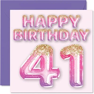 Image of 41st Birthday Card for Women Pink &amp; Purple Glitter Balloons Happy Cards 41 Year Old Woman Mum Cousin Friend Sister Auntie, 145mm x Forty One First Bday Greeting Gift