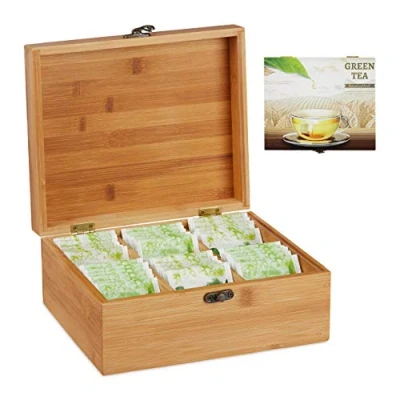 Image of Relaxdays 10027597 Bamboo Tea Box, 6 Compartments, for 72 Teabags, Hinged Lid, Flavour Preserving, HxWxD 9.5x22x18.5 cm, Natural
