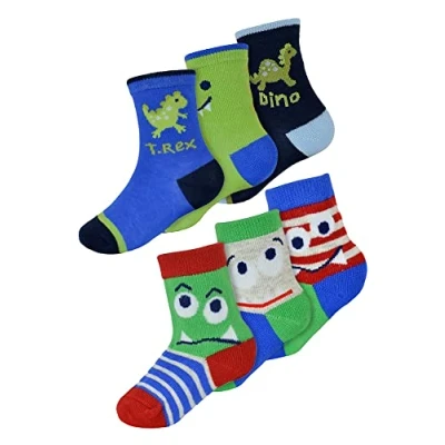 Image of 6 Pack Baby Boys Monsters Dinosaur Design Pattern Socks Sock Snob Funny Cotton Toddler (6 12 Months, Dinosaur)