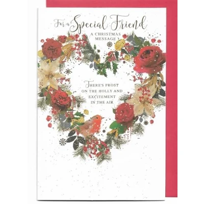 Image of Christmas Card For A Special Friend 23 x 15 Cm (9 6 inches) Message Heart Wreath with Robin