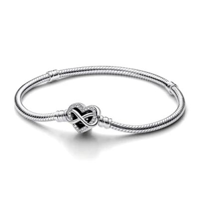 Image of Pandora Moments Snake chain sterling silver bracelet with infinity heart clasp clear cubic zirconia, 16