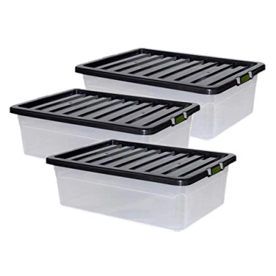 Image of 32L 32 Litre Large Big Plastic Storage Clear Box Strong Stackable Container &amp; Lids Set of 3 Boxes