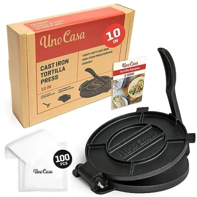 Image of Uno Casa Cast Iron 10 Inch Tortilla Press Roti and Maker for Corn Tortillas Bonus 100 Pcs Parchment Paper Dynamic Maker, Taco Press, or Dosa, Chapati
