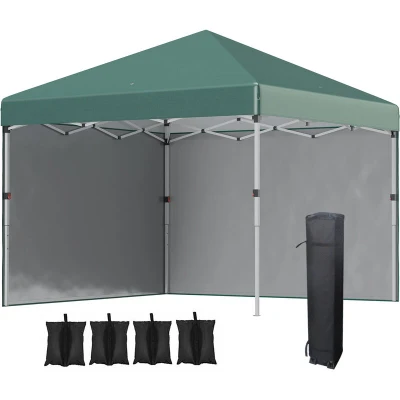 Image of Outsunny 3 x (M) Pop Up Gazebo, UPF 30+ with 2 Sidewalls, Leg Weight Bags and Wheeled Bag, Height Adjustable Party Tent Event Shelter for Garden, Patio, Green