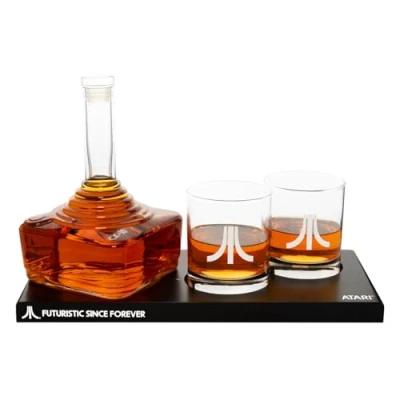 Image of Official Atari Joystick Decanter Set with 2 x Action Button Whisky Glasses and CX78+ Games Pad Tray, for Whiskey, Scotch &amp; Gin, 750ml Decanter, 300ml Glasses, Birthday Gift Men ThumbsUp!