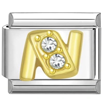Image of Quiges 9mm Italian Style Charm Link Module Stainless Steel Zirconia Gold Alphabet Letter N for Bracelets