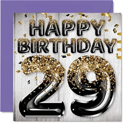 Image of 29th Birthday Card for Men Black &amp; Gold Glitter Balloons Happy Cards 29 Year Old Man Son Brother Uncle Cousin, 145mm x Twenty Nine Ninth Greeting Gift
