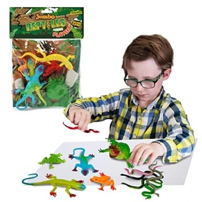 Image of Jumbo Playset reptile from Deluxebase. large animal Figures Toy Set. Bag of toys including Frog, Lizard and Snake. Perfect rainforest for kids