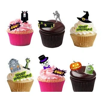 Image of 54 Stand Up Mixed Halloween Themed Premium Edible Wafer Paper Cake Toppers Decorations