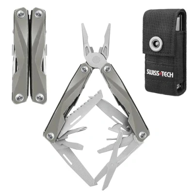 Image of Swiss+Tech 16 in 1 Aluminum Handle Multi Tool (Champagne), Multifunctional Pliers with Scissors, Saw, Bottle Opener, Screwdriver, Serrated Blade, Camping Tool, Outdoor Repairing, Carry Bag