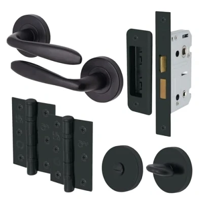 Image of EAI Black Bathroom Door Handle Set Round Internal Handles, Thumb Turn &amp; Release Set, Lock Hinges (76mm) Matt