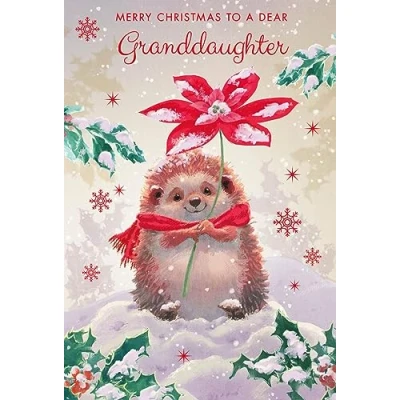 Image of Nigel Quiney Dear Granddaughter Christmas Card Hedgehog and Poinsettia with Foil Details Eco Friendly Recyclable