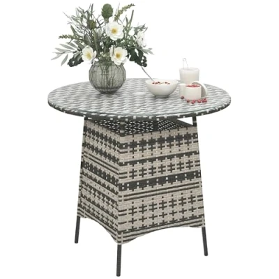 Image of Outsunny Wicker Garden Rattan Table, Patio Furniture Outdoor Coffee Table with Umbrella Hole and Tempered Glass Top, Grey