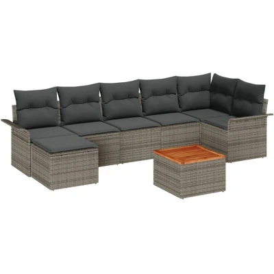Image of vidaXL 8 Piece Garden Sofa Set with Cushions Grey Poly Rattan Acacia