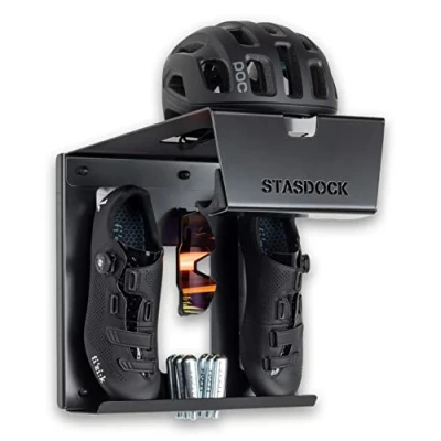 Image of Stasdock Premium wall Mount bike storage system for Race Bicycles (Happy Black) Shelf bracket also helmet and shoes solution your home or garage