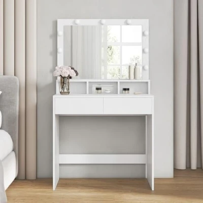 Image of VASAGLE Dressing Table, Vanity Table with Large Mirror, LED Lights Adjustable Brightness, 2 Drawers and 3 Compartments, Modern Makeup White RDT195T14