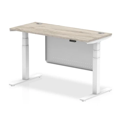 Image of Air 1400x600 Height Adjustable Desk Grey Oak CP White Leg Modesty Pnl