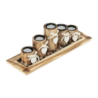 Image of Relaxdays Tealight Holder Set with Tray &amp; Pebbles, 39.5 cm, Table Centrepiece, Lounge Dining Room, 5 Candles, Brown, 100% fibreboard