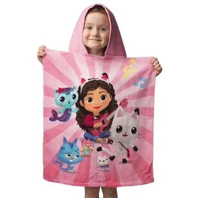 Image of Jerry Fabrics Gabby&#039;s Dollhouse Hooded Poncho Towel for Kids 100% Cotton 115 x 50 cm Beach Bath Pandy Paw Mercat Cakey Cat Fairy Gift Girls Boys Toddlers
