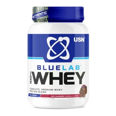 Image of USN Blue Lab Whey Protein Powder, Chocolate Blueberry Gateau Flavour 908g (28 Servings), Premium Isolate Dietary Supplement, Post Workout Lean Muscle Growth BCAA Amino Acids Powder