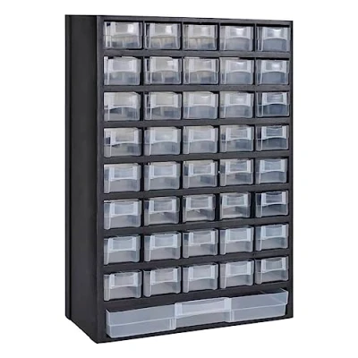 Image of vidaXL 41 Drawer Plastic Tool Storage Cabinet Versatile Black Organizer Box with 40 Small Drawers and a Large One, Wall Mountable Frame, Transparent for Quick &amp; Easy Item Visibility