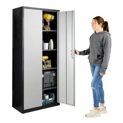 Image of MMT Metal Steel Storage Cabinet for Office, Garage, Home, Black &amp; Silver Cupboard 2 Door Lockable Filing Cabinet/Tool Tall Home Organiser Heavy Duty with 4 Shelves