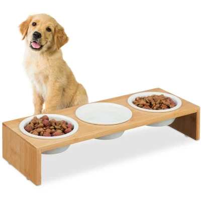 Image of Relaxdays Pet Feeding Station, 3X Dog, Bamboo Wood Stand, Ceramic Bowls, Each 400ml Volume Capacity, Natural/White, 9.5 x 46.5 17 cm