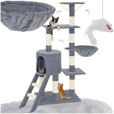 Image of tectake® Cat Tree with Multiple Levels, Sisal Scratching Posts, Cosy House, 3 Playful Toy Mice, Snug Hammock, Ladder &amp; Tip Over Protection 144cm Tower for Cats Kittens Grey