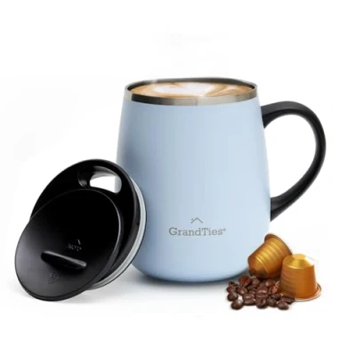 Image of GRANDTIES Insulated Coffee Mug with Handle Sliding Lid for Splashproof 16oz Shape Thermos Double Wall Vacuum Stainless Steel Keeps Drinks Hot &amp; Cold Glacier Lake