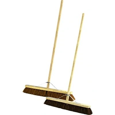 Image of Twin Pack Wooden Sweeping Brooms Bassine Stiff Outdoor and Soft Coco Brush with Handles 24&quot;