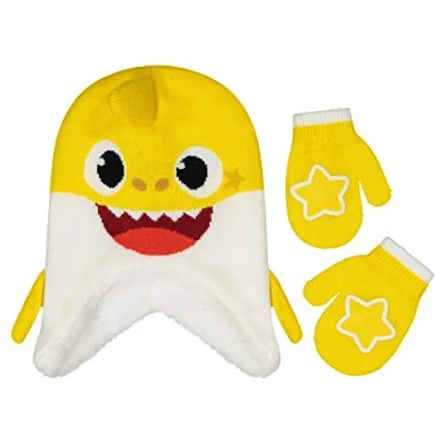 Image of Nickelodeon Unisex Kid&#039;s Winter Hat and Mittens Set, Baby Shark Toddler Beanie Gloves for Children Age 2 4, Yellow/White, Years