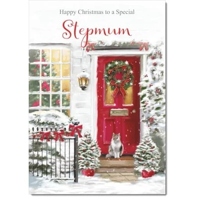 Image of doodlecards Stepmum Christmas Card Red Door Medium Size for with Plain Envelope
