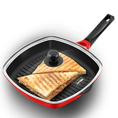 Image of HAWKINS 30 cm Die Cast Grill Pan with Glass Lid, Red (DCGP30G)