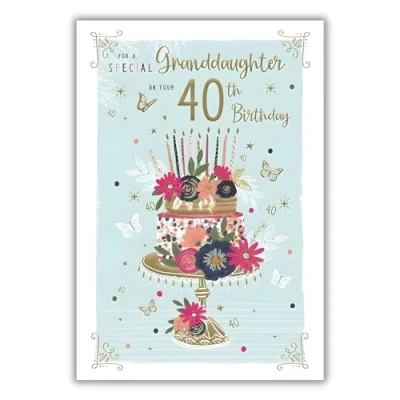 Image of Granddaughter 40th Birthday Card Age 40 Special Floral Cake and Butterflies Finishes Illustrated Insert Leaf Made in the UK
