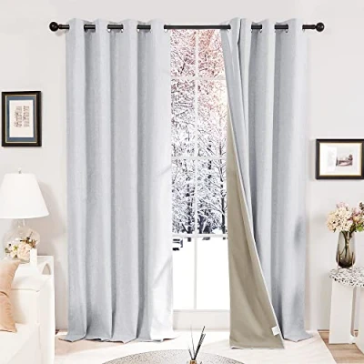 Image of Deconovo Faux Linen Curtains W52 x L63 Inch Total Blackout Eyelet Noise Reduction Thermal Insulated for Living room Grey One Pair