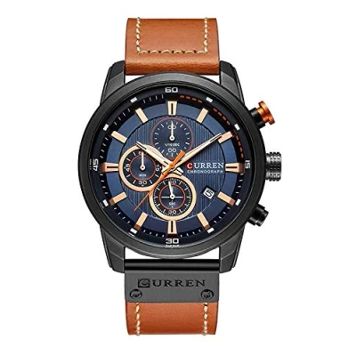 Image of Gosasa Men Sport Chronograph Quartz Watch Brown Leather Strap Date 30M Waterproof Military Male Wrist Watch, Black &amp; Blue, Watch,Chronograph