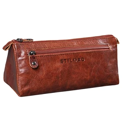 Image of STILORD &#039;Alexis&#039; Leather Pencil Pouch Vintage Pen Case Holder with Zipper for Women Men School Office in Genuine Leather, Colour:Brandy Brown