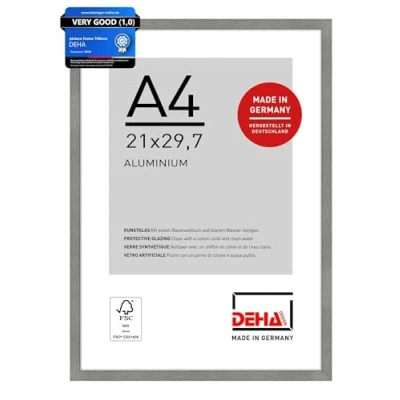 Image of DEHA Design Tribeca Photo Frame A4, 21x29.7cm Aluminium Picture Frame, Grey with Protective Acrylic Glazing and Push Turn Clips Brushed Frosted