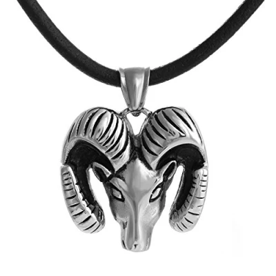 Image of DonDon Men&#039;s Leather Necklace 50 cm with Stainless Steel Ram / Aries Starsign Pendant Delivered in Black Velvet Bag