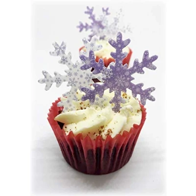 Image of 30 PRECUT Large Purple/Lilac &amp; White Patterned Snowflakes Edible Premium Wafer Paper Cake Toppers Decorations Perfect for Christmas