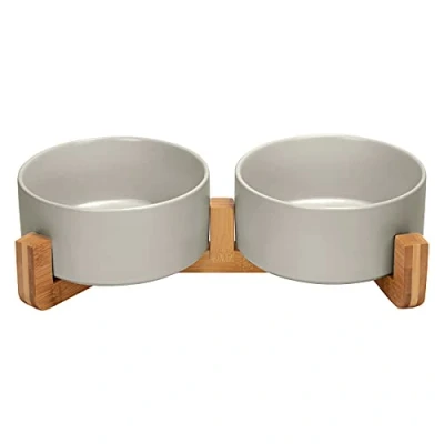 Image of SPUNKYJUNKY Ceramic Double Dog Bowl with Bamboo Stand for Cats and Dogs (850ml, grey x 2)