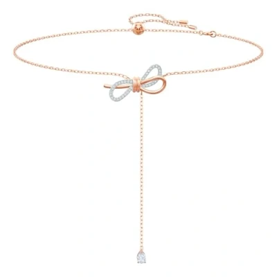 Image of Swarovski Lifelong Bow Y Necklace with a Mixed Metal 3D Motif and Sparkling White Crystals, Adjustable Chain, Part of the Collection